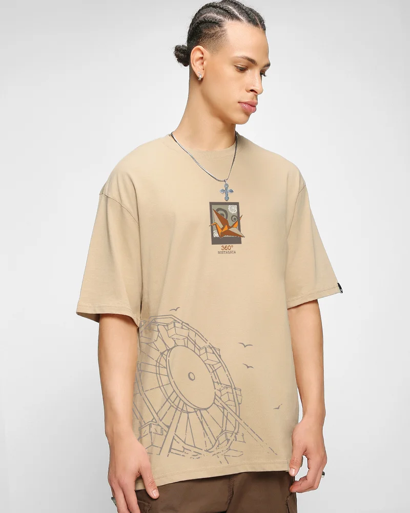 bewakoof Men's Ginger Root Brown 360 Nostalgia Graphic Printed Oversized T-shirt